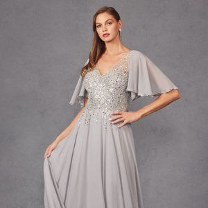 NEW LONG A-LINE CHIFFON DRESS WITH BUTTERFLY SLEEVES & SEQUIN EMBROIDERY JTM14F